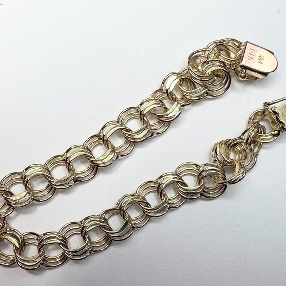 14K yellow gold patent Triple Link charm bracelet starter 7 1/4" x 8.7mm 10.6gm - Picture 6 of 8